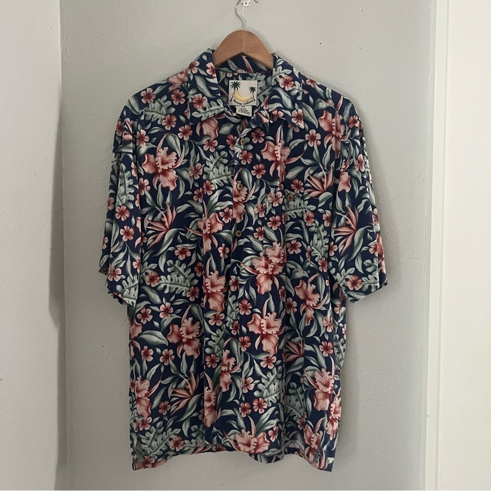 Banana Cabana Men's Sz L 100% Silk Tropical Hawaiian Shirt Navy and Pinky Peach - Picture 2 of 8